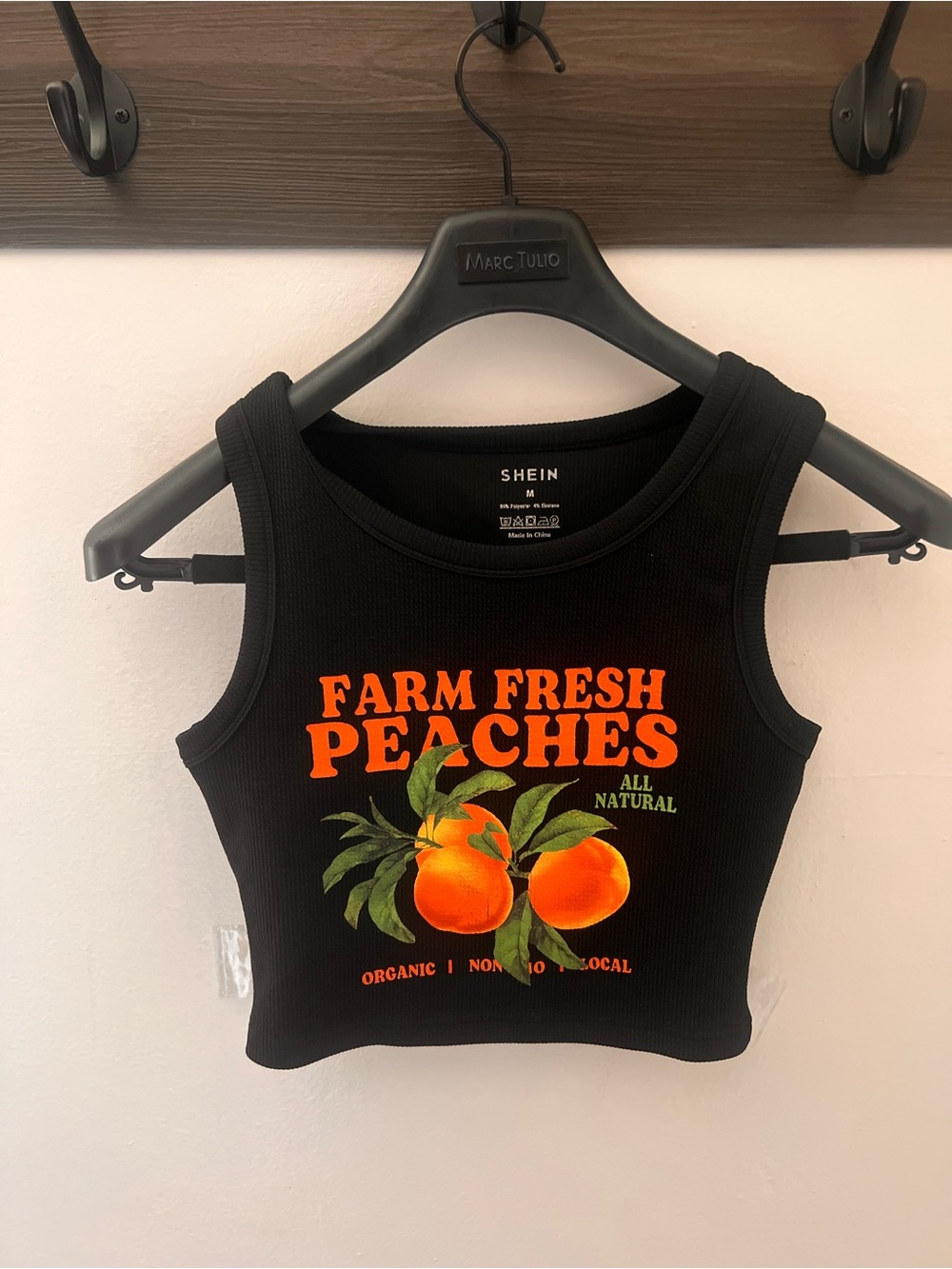 SHEIN Black Ribbed Crop Tank with Orange Peach Graphic